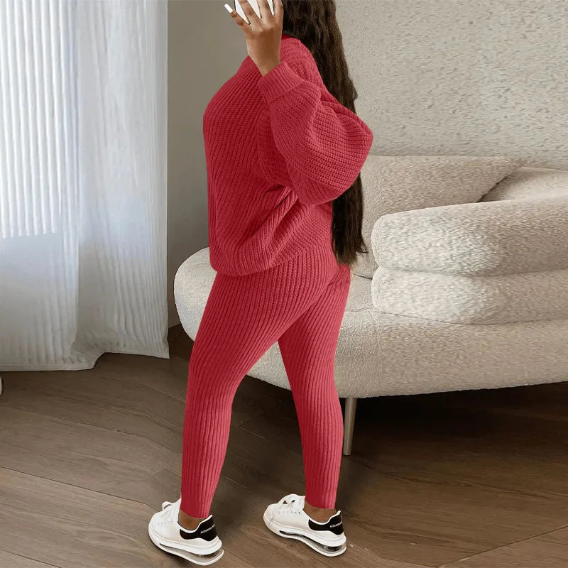 Women's Two-Piece Round Neck Knitted Sweater and Pants Set