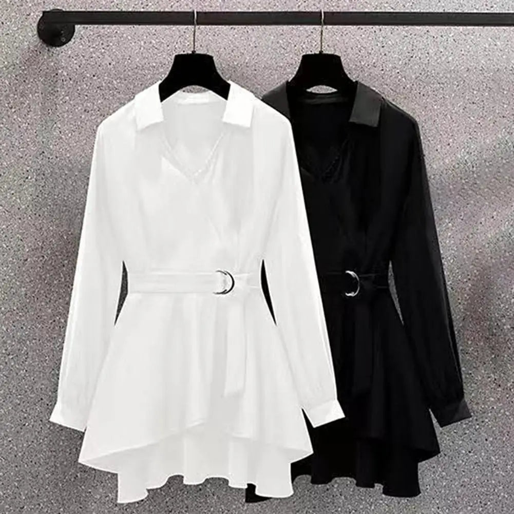 Women Long Sleeve Lapel V Neck Irregular Hem Waist Tight Adjustable Belt Top