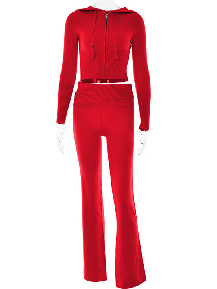 Chic Knitted Long Sleeve Hooded Waist Slim Fit Wide Leg Two-Piece Suit For Women