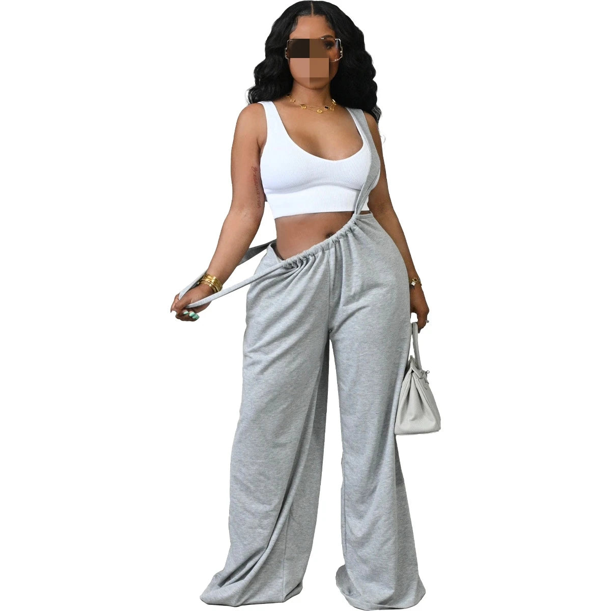 Women's Baggy Fit Backless Wide Leg Strap Long Pants Jumpsuit