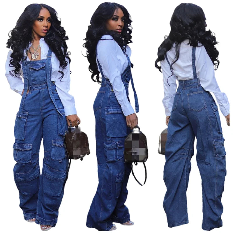 Fashion Cargo Denim Jumpsuits Women Wide Leg Overalls Loose Strap Jean