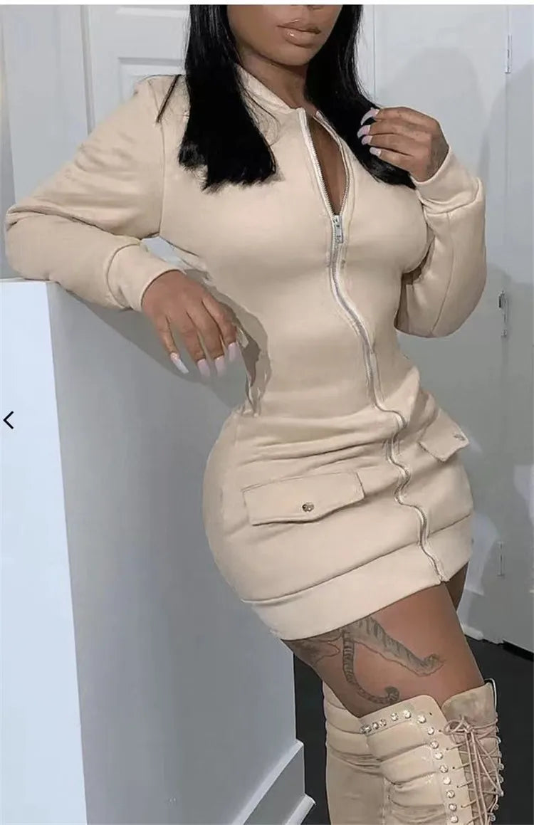 Elegant Round Collar Zip Up Mini Dress Women Bodycon Dress