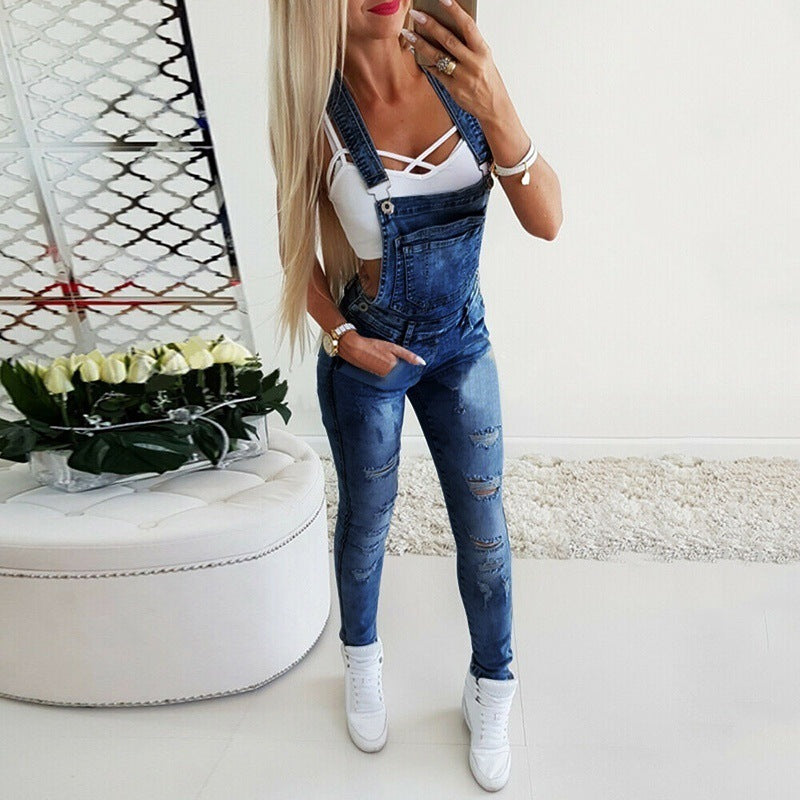 Chic Slim Fit Distressed Denim Jumpsuit Overalls - Hand-Worn Look