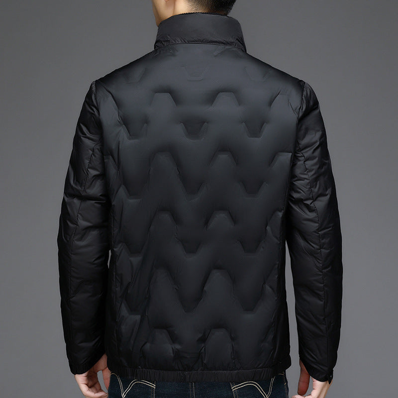 Geometric embossed letters stand-up collar down jacket