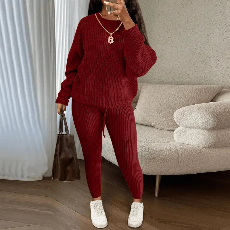 Women's Two-Piece Round Neck Knitted Sweater and Pants Set