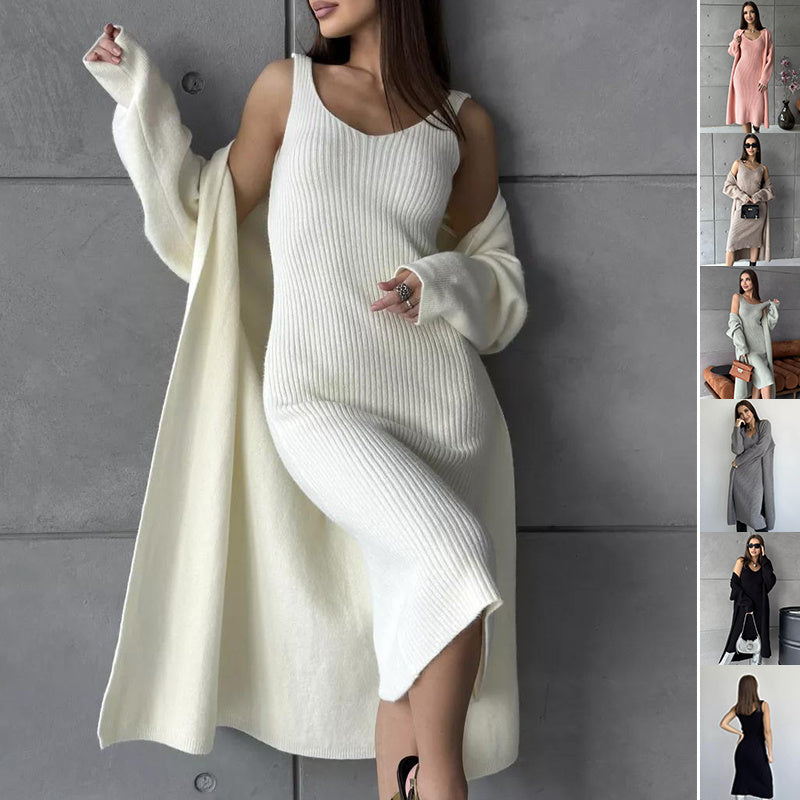 Casual Two-Piece Slim Sleeveless V-Neck Long Dress and a Loose Cardigan For Women