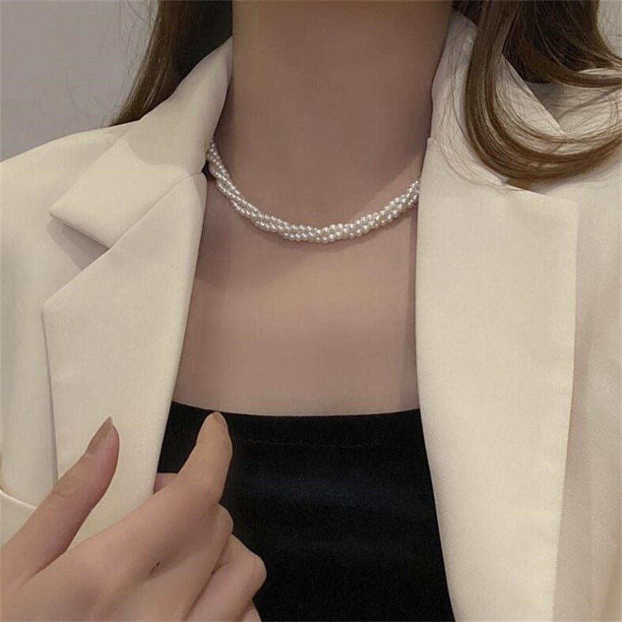 European And American Multi-layer Pearl Winding Spiral Twist Necklace Temperament