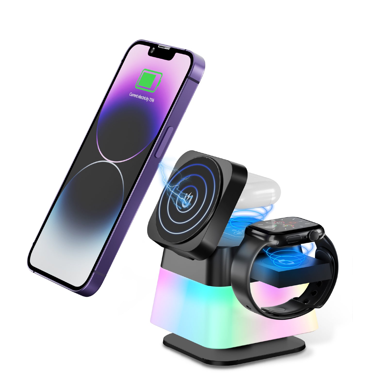 4 In 1 Magnetic Rotatable Colorful Lighting Wireless Charging Station For IPhone 15, 14, 13, 12, Pro Max 8, and 7