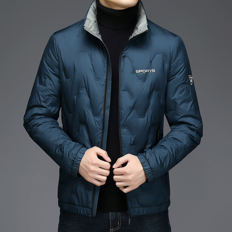 Geometric embossed letters stand-up collar down jacket