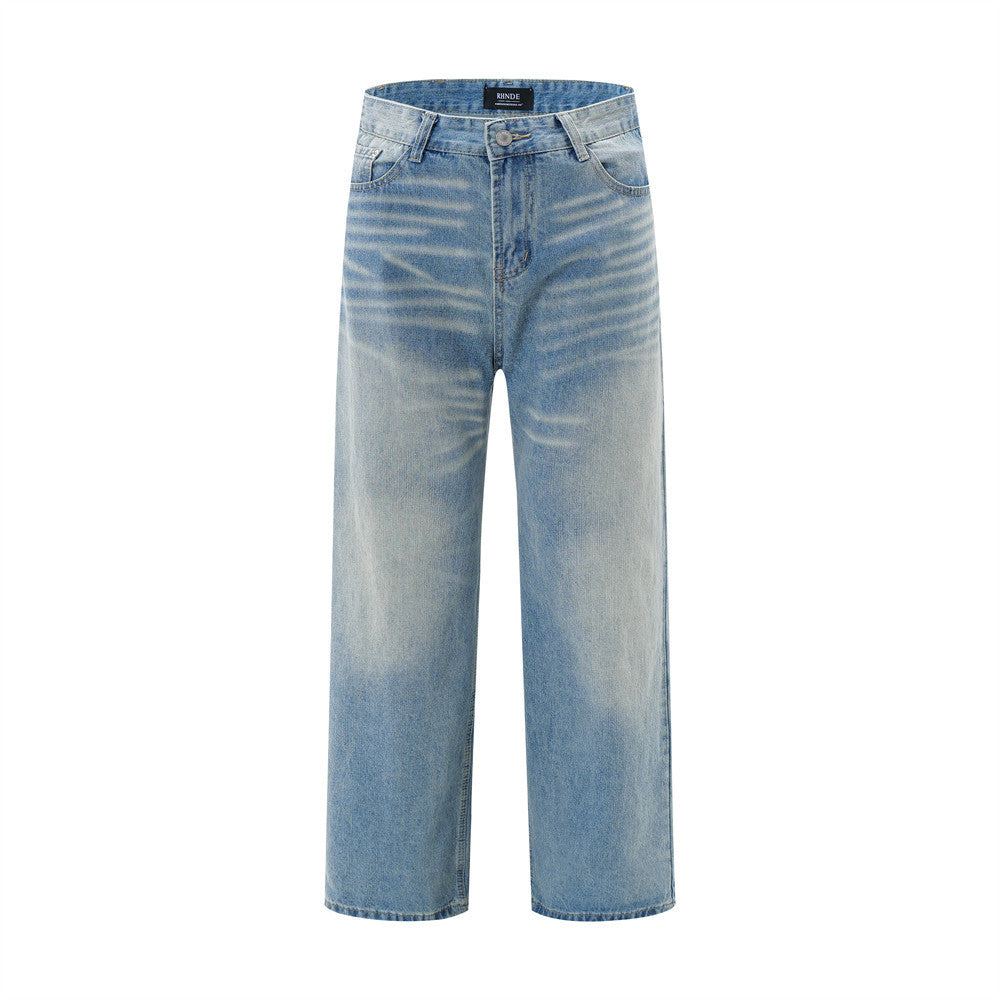 American Retro Wash Gradient Spray Painting Denim Trousers Men