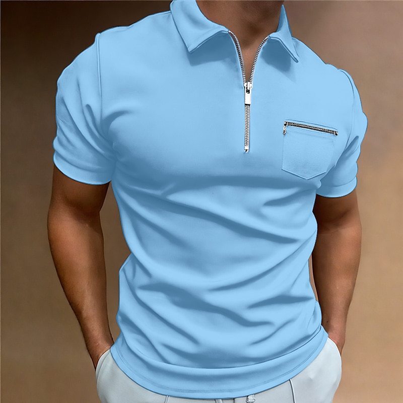 Summer Men's Solid Color Pocket Short Sleeve Lapel T-shirt