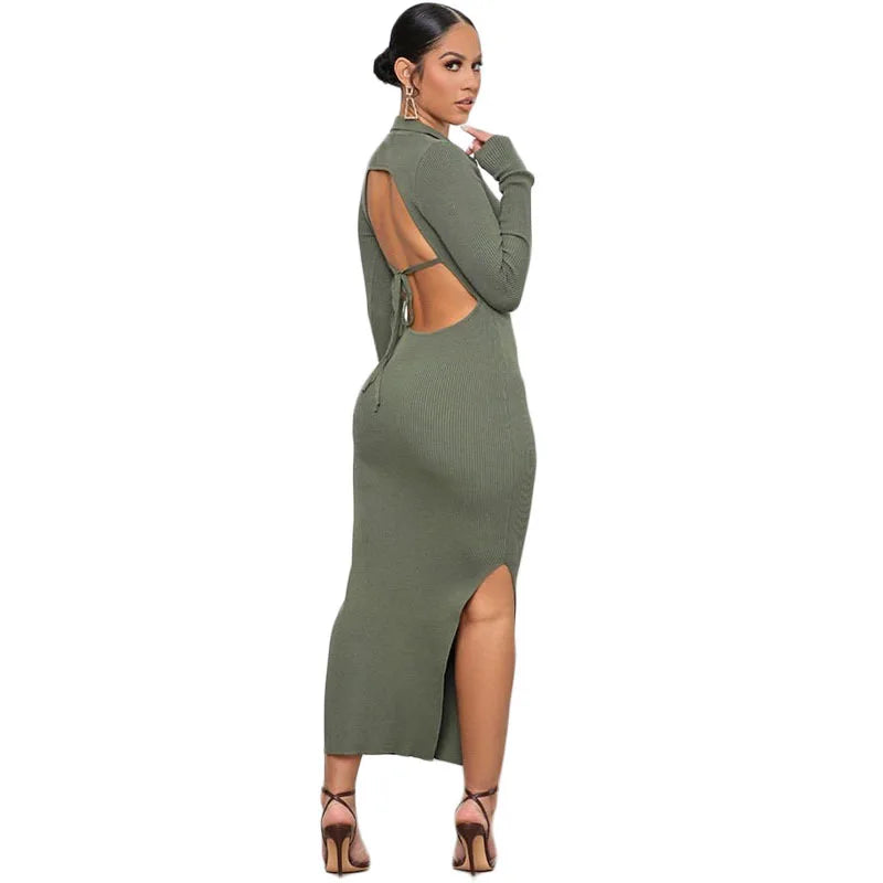 V Neck Bodycon Casual Backless Dresses Elegant Sexy Long Sleeve Dress for Women