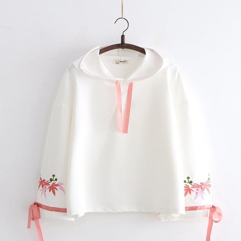 Women's Lace Floral Embroidery Hooded Flare Sleeve Lace Up Hoodies