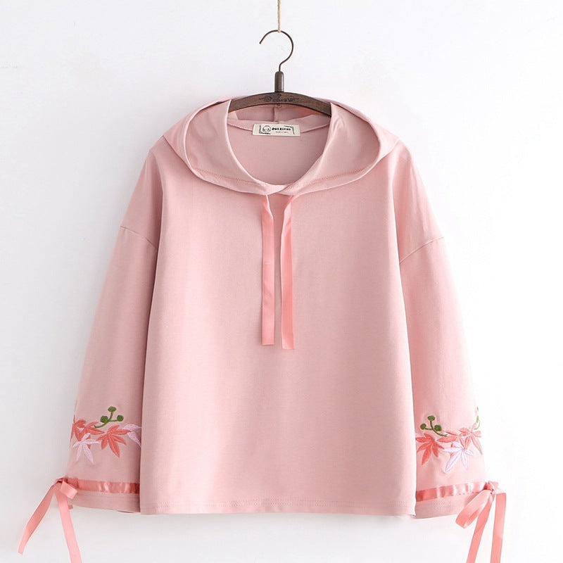 Women's Lace Floral Embroidery Hooded Flare Sleeve Lace Up Hoodies