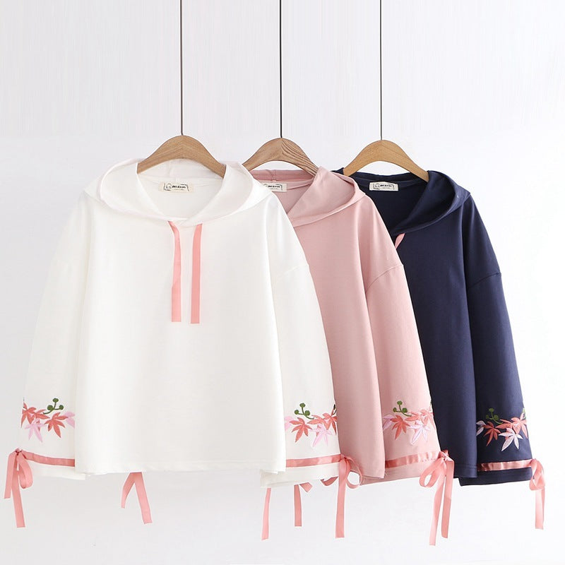 Women's Lace Floral Embroidery Hooded Flare Sleeve Lace Up Hoodies