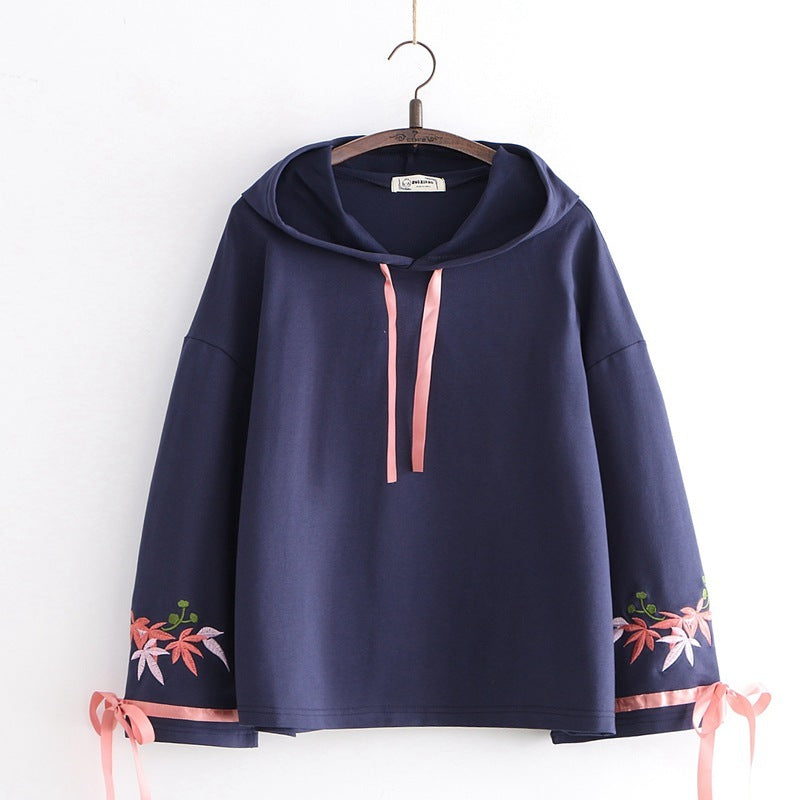 Women's Lace Floral Embroidery Hooded Flare Sleeve Lace Up Hoodies