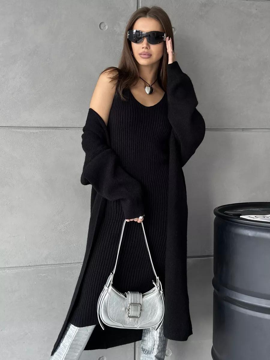 Casual Two-Piece Slim Sleeveless V-Neck Long Dress and a Loose Cardigan For Women