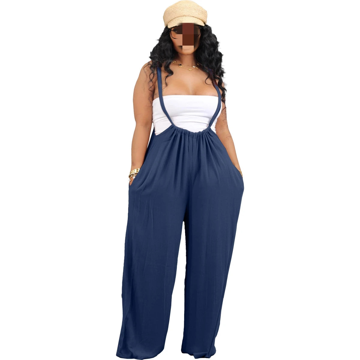 Women's Baggy Fit Backless Wide Leg Strap Long Pants Jumpsuit