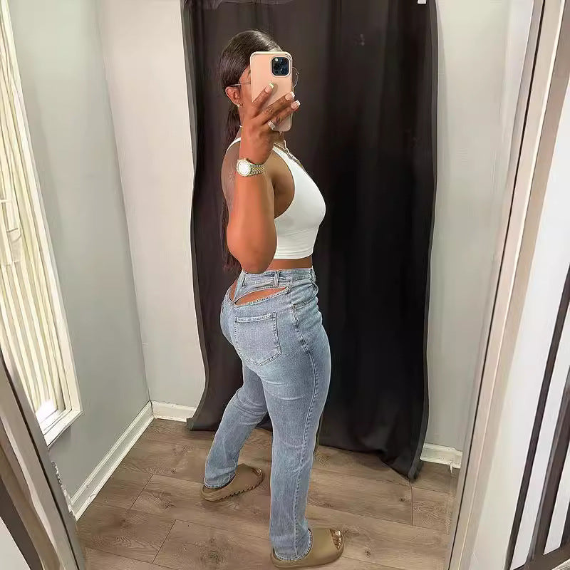 Back Waist Hollow Stretch Jeans