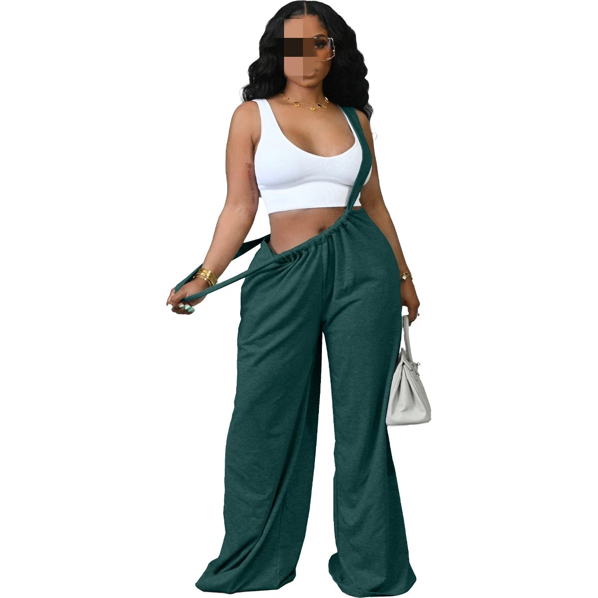 Women's Baggy Fit Backless Wide Leg Strap Long Pants Jumpsuit