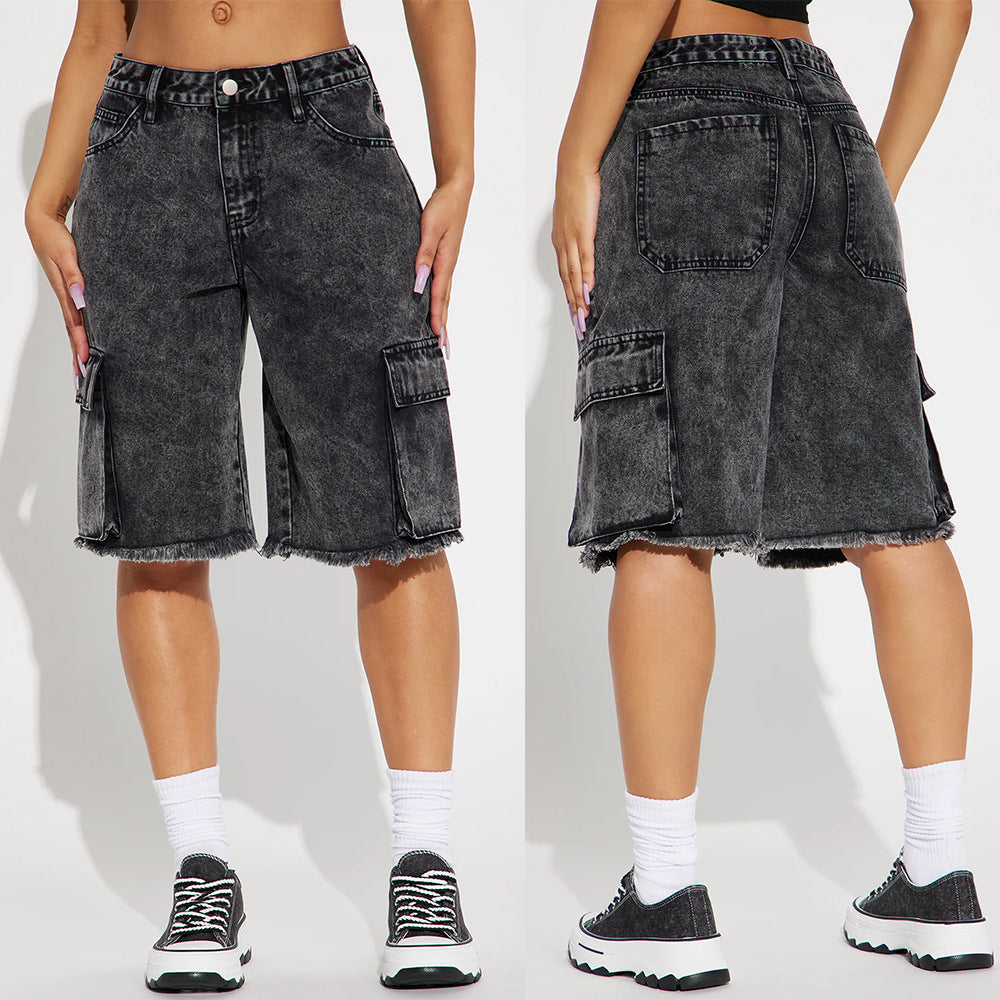 Street Washed Frayed Hem Women's Denim Straight Short Pants