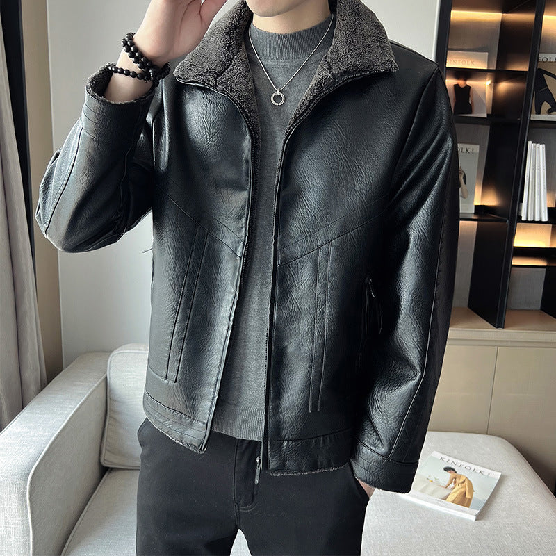 Hong Kong Style Velvet Padded Plus Size Men's Leather Jackets