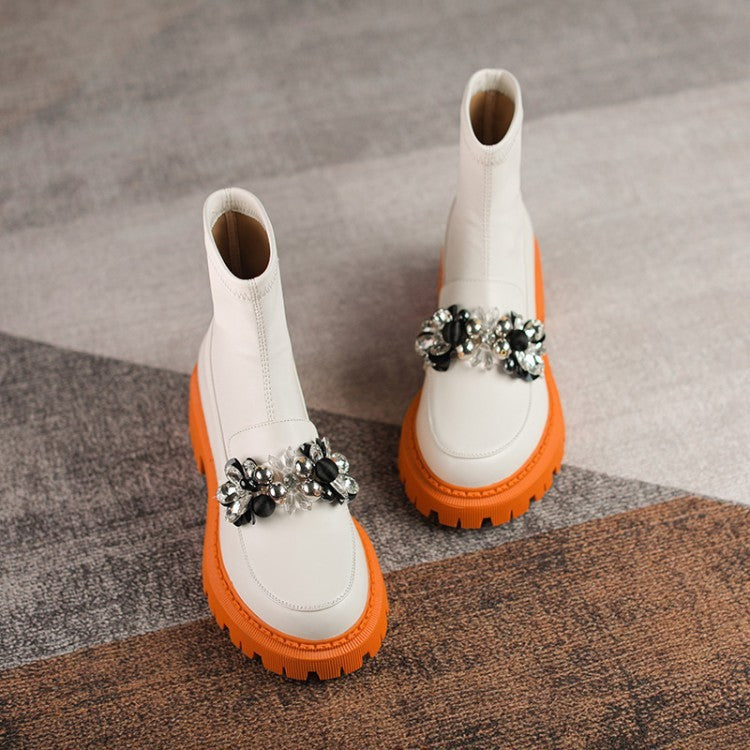 Round Toe Rhinestone Flower Elastic Boots Boots Women's Shoes