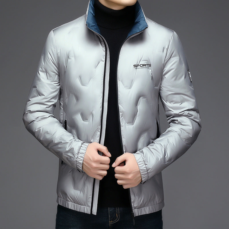 Geometric embossed letters stand-up collar down jacket