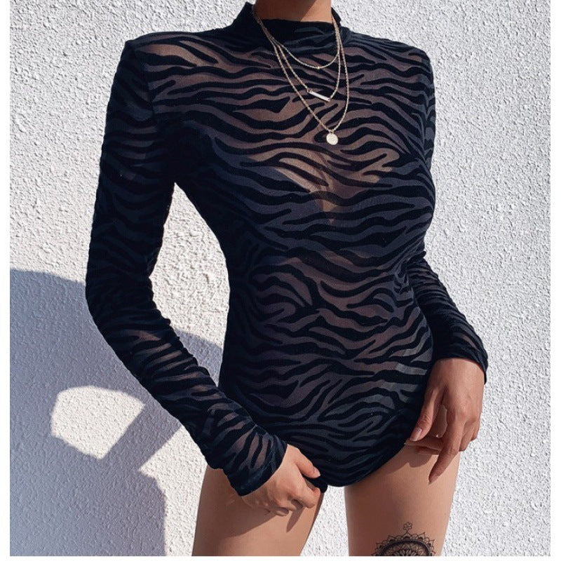 Chic Sexy Black Slim Fit Long-Sleeved Leotard With Mesh Thin Base