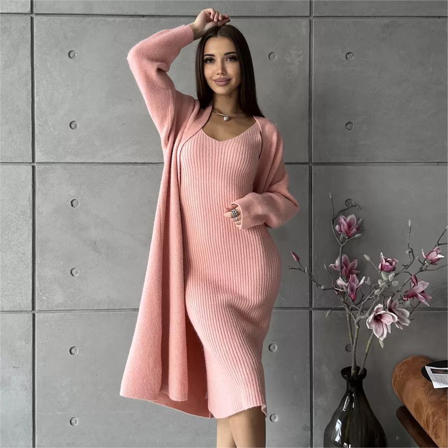 Casual Two-Piece Slim Sleeveless V-Neck Long Dress and a Loose Cardigan For Women