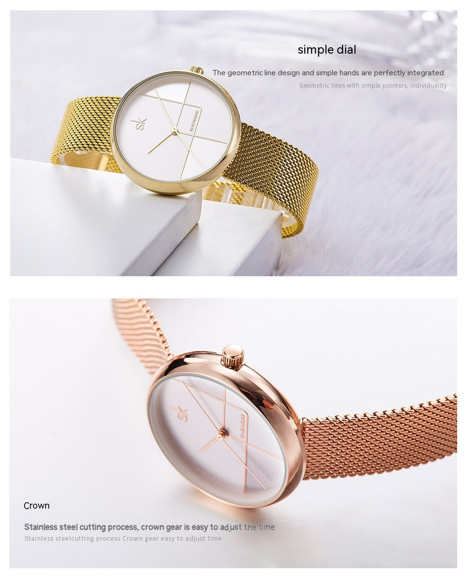 Women's Fashion Simple Geometric Quartz Watch Mesh Strap Watch