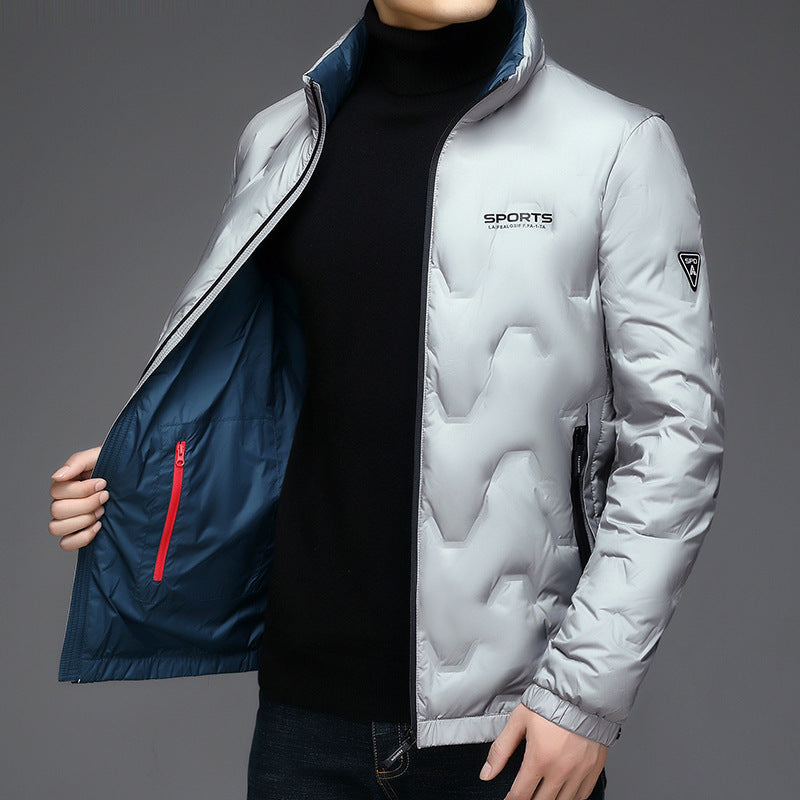 Geometric embossed letters stand-up collar down jacket