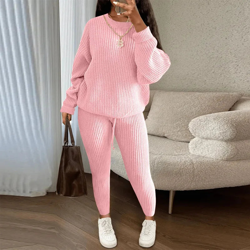 Women's Two-Piece Round Neck Knitted Sweater and Pants Set