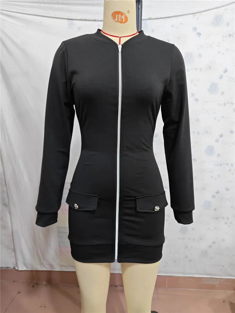 Elegant Round Collar Zip Up Mini Dress Women Bodycon Dress