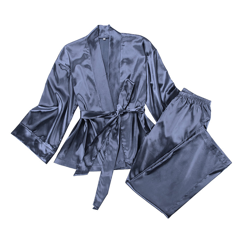 Satin Loose Fit Two Piece Robe and Pants Sleepwear For Women