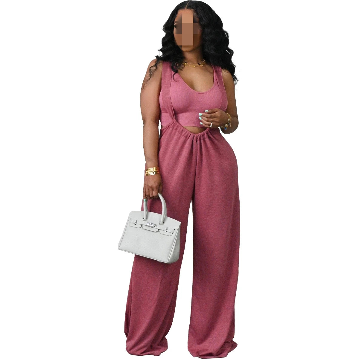 Women's Baggy Fit Backless Wide Leg Strap Long Pants Jumpsuit