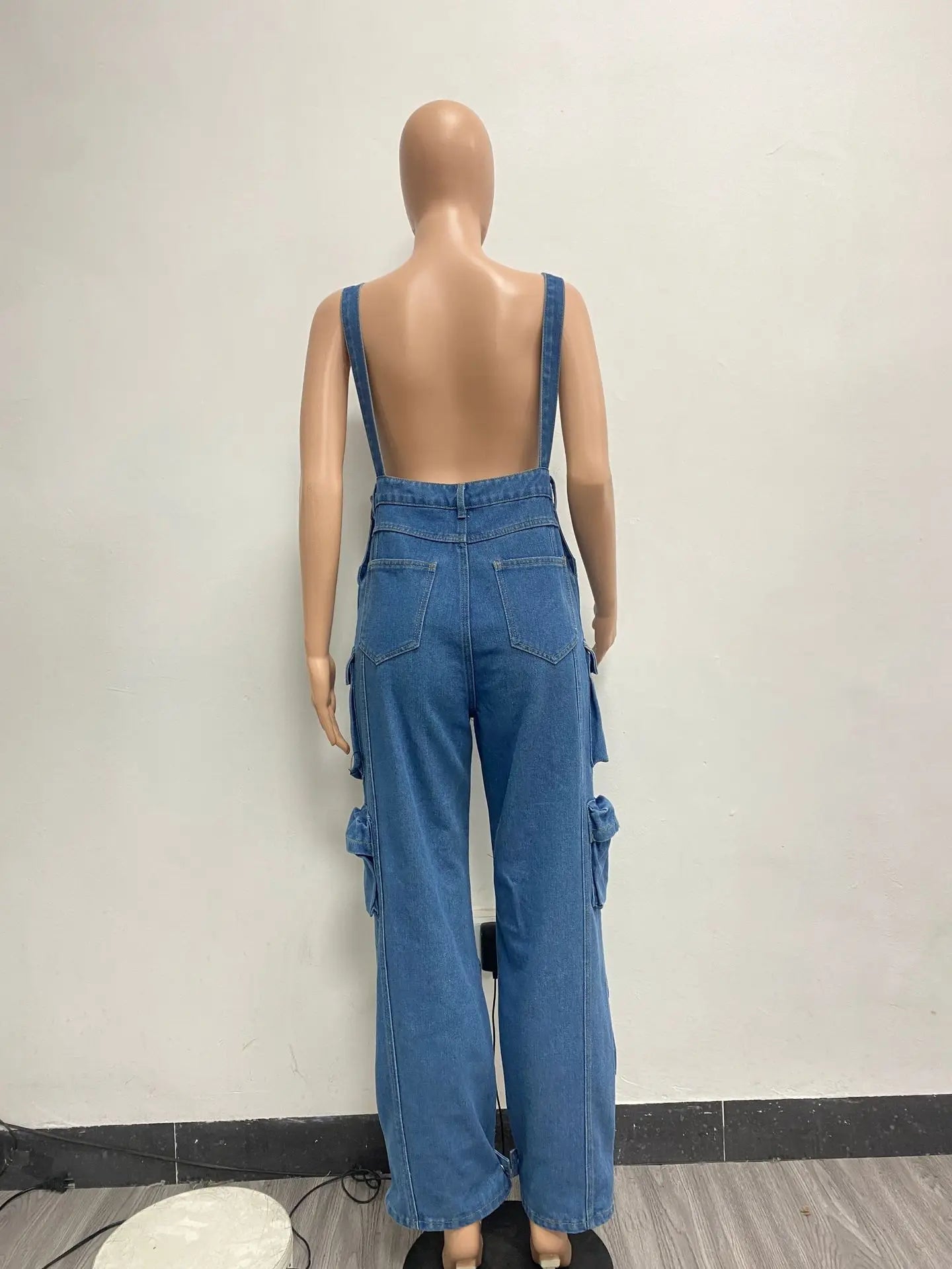 Fashion Cargo Denim Jumpsuits Women Wide Leg Overalls Loose Strap Jean