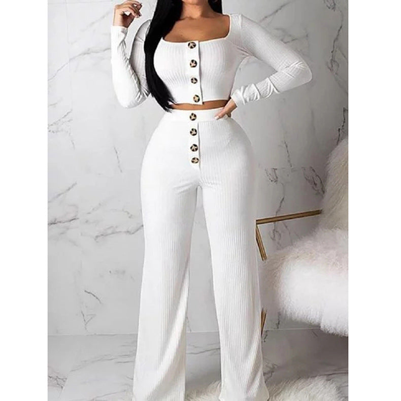 Chic Long Sleeve Knitted Square Collar Top & Pants Set