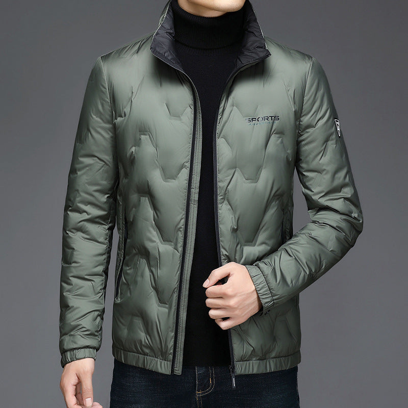 Geometric embossed letters stand-up collar down jacket