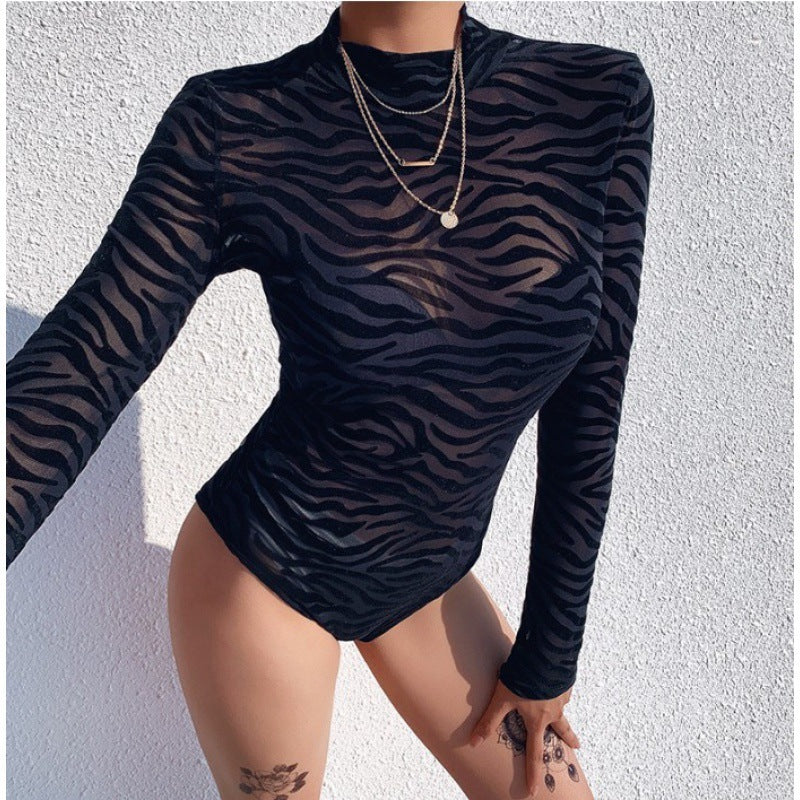 Chic Sexy Black Slim Fit Long-Sleeved Leotard With Mesh Thin Base