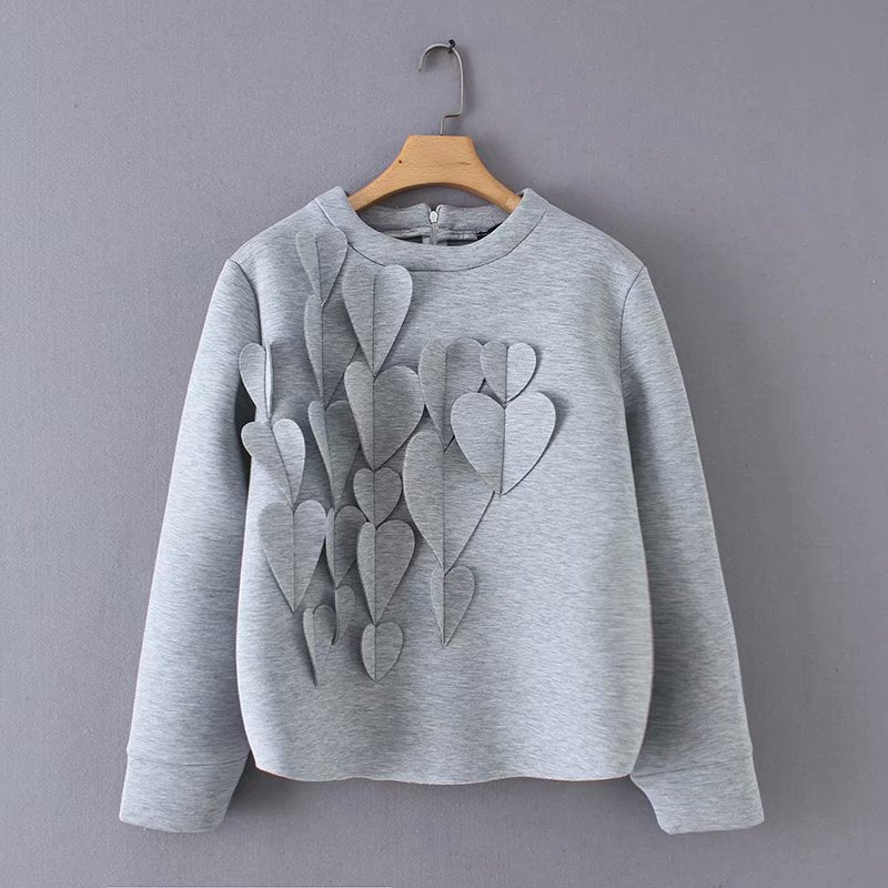 Round Neck Peach Heart Applique Long Sleeve