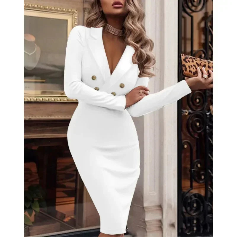 Elegant Women Solid V-Neck Double Breasted Long Sleeve Dress