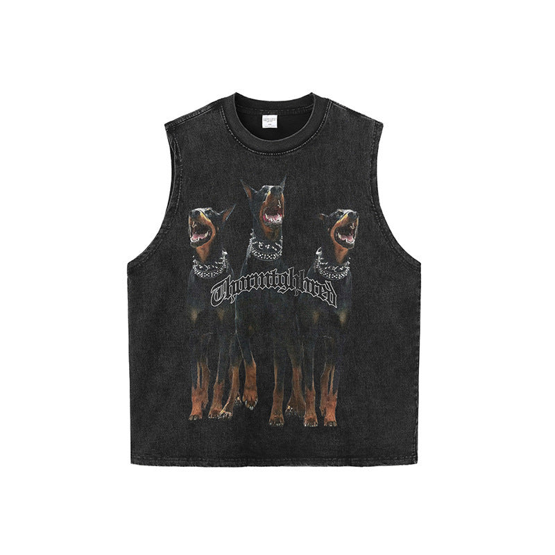 Doberman Pinscher Dog Head American High Street Print Casual Loose Men And Women Distressed T-shirt