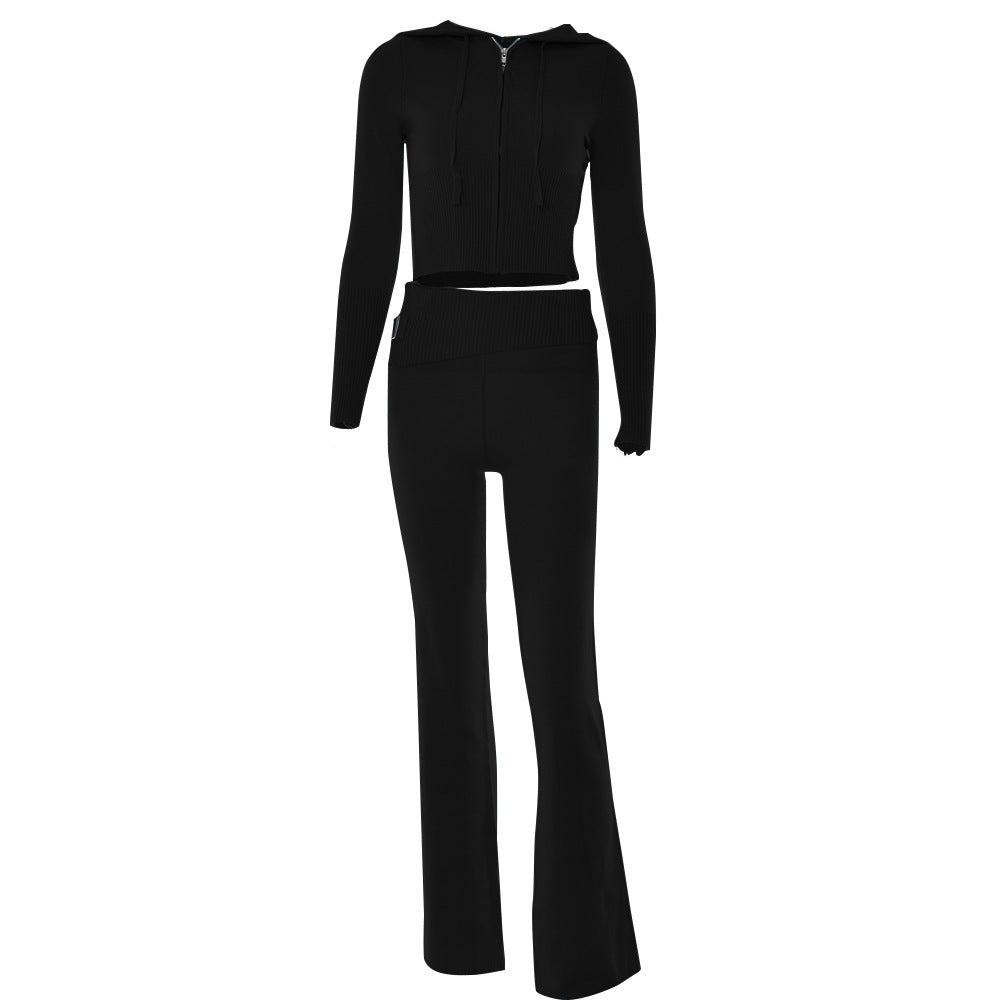 Chic Knitted Long Sleeve Hooded Waist Slim Fit Wide Leg Two-Piece Suit For Women