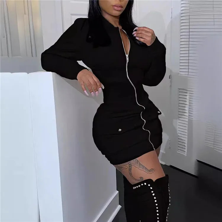 Elegant Round Collar Zip Up Mini Dress Women Bodycon Dress