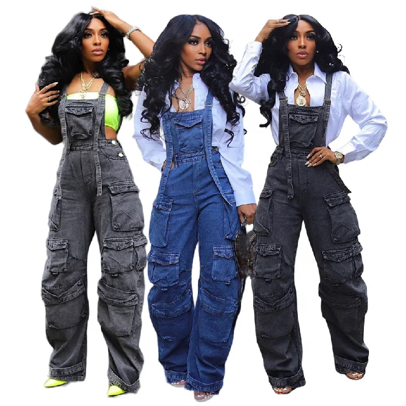 Fashion Cargo Denim Jumpsuits Women Wide Leg Overalls Loose Strap Jean