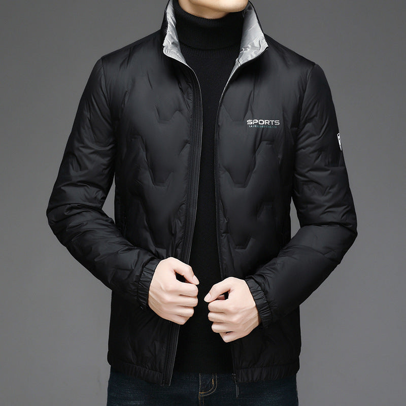 Geometric embossed letters stand-up collar down jacket