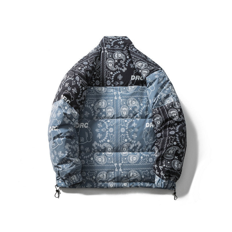 Handsome Cashew Flower Full Print Contrast Stitching Down Jacket Men