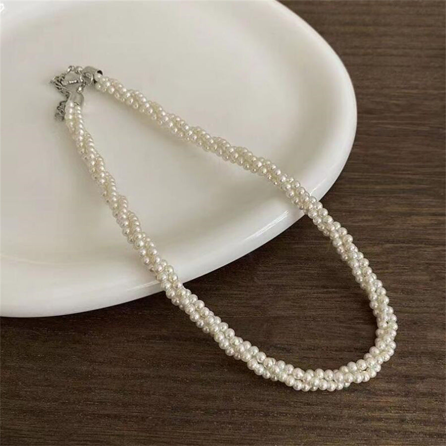 European And American Multi-layer Pearl Winding Spiral Twist Necklace Temperament