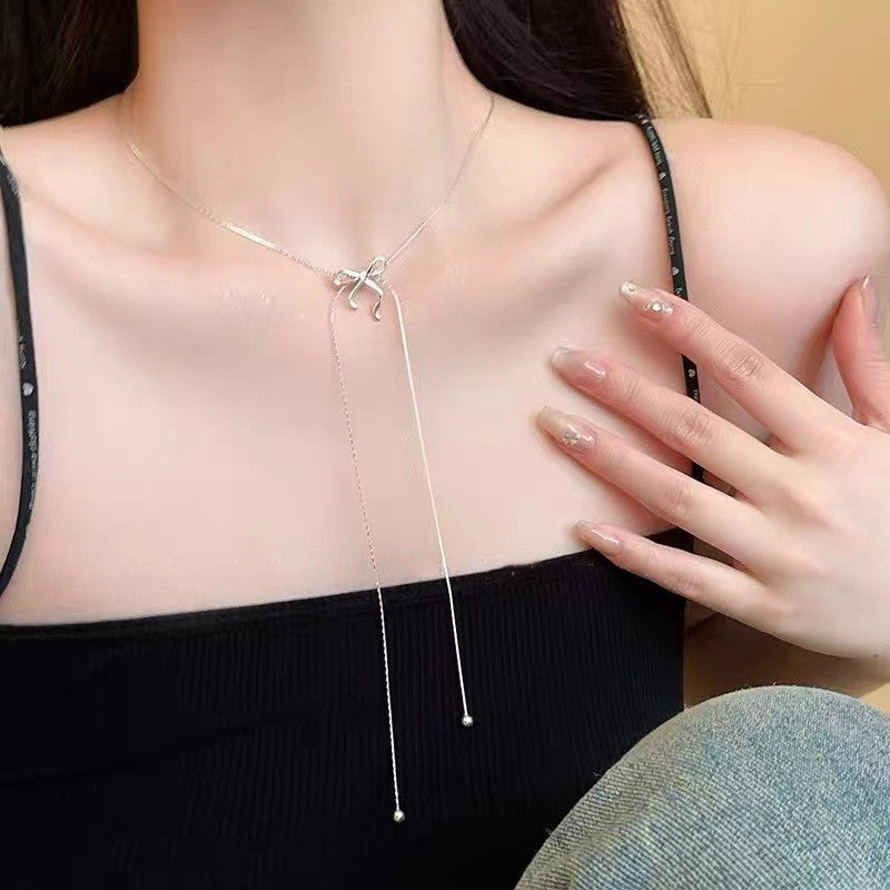 Long Bow Tie Tassel Pull Necklace For Women